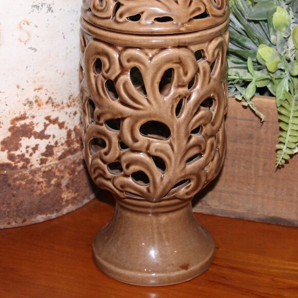 NEW Ornate 15" French Country Cottage Ceramic Filigree Urn Pedestal Jar - Picture 3 of 5